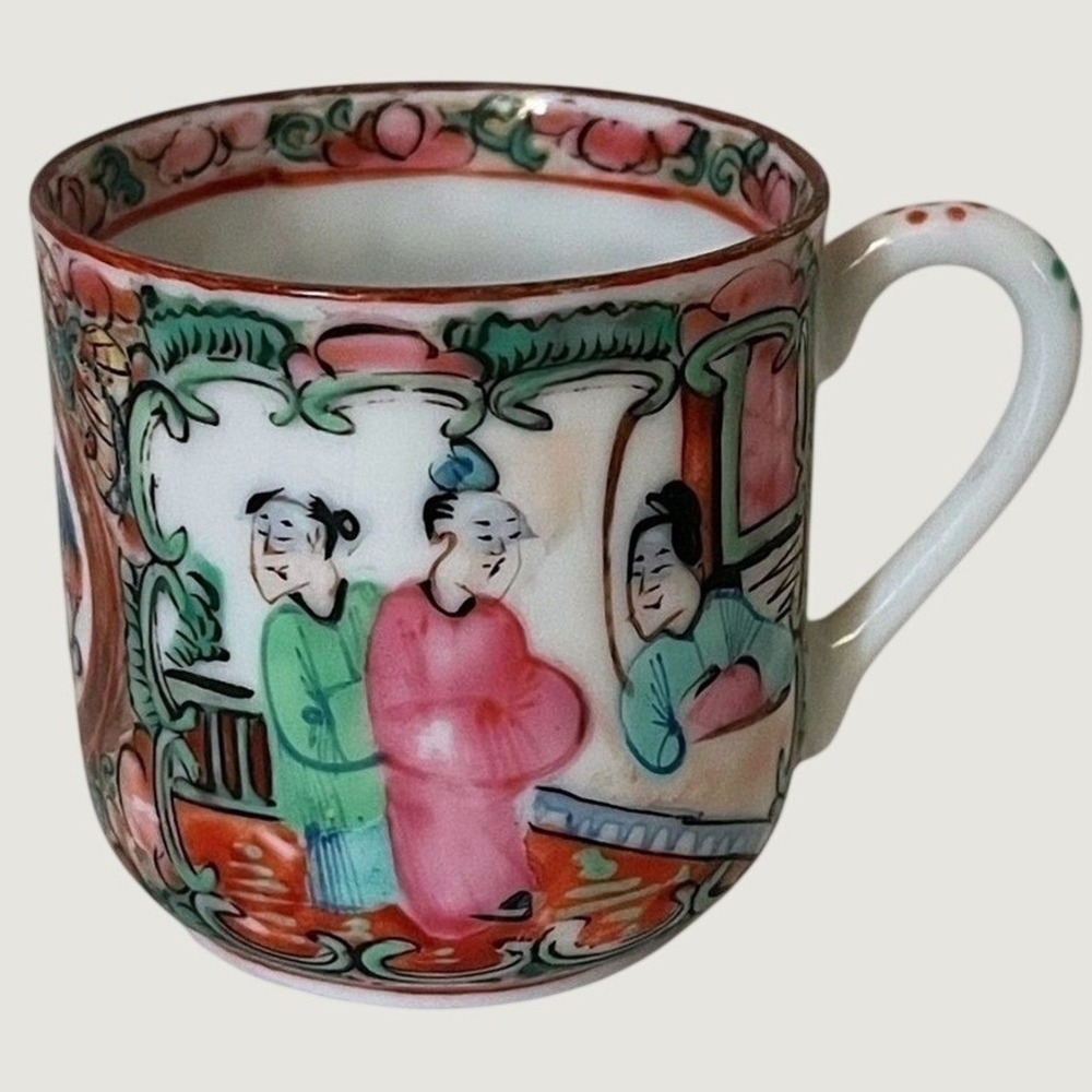 Famille Rose Medallion Chinese Porcelain Demitasse Cup Vintage Stamped Colorful